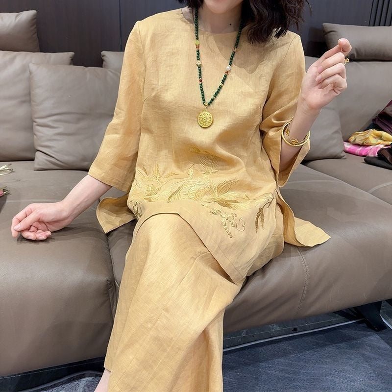 Womens Two-Piece Set New Chinese-Style 34-Sleeve Top With Wide-Leg Pants