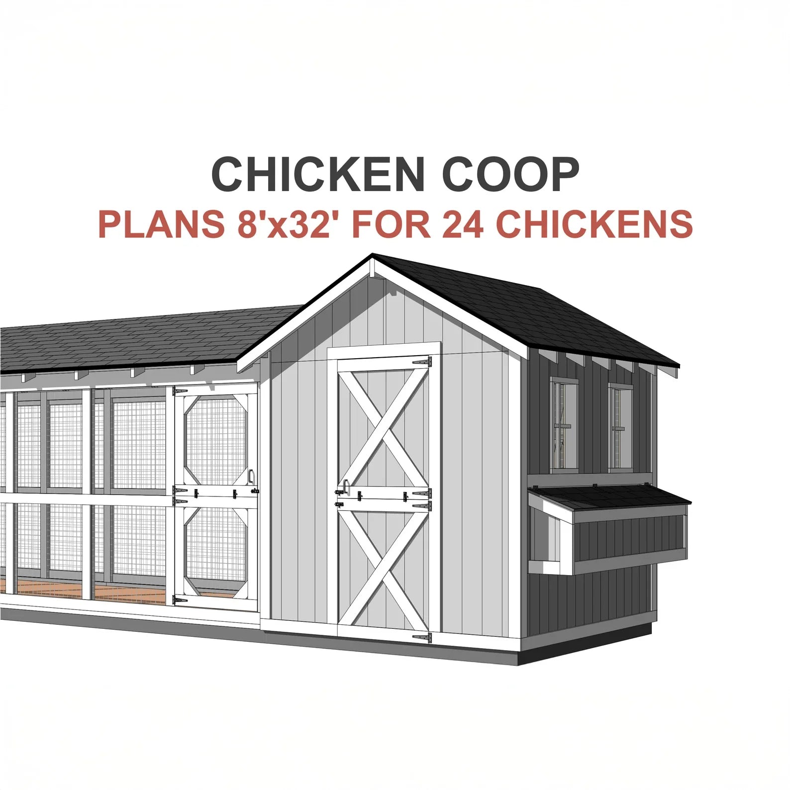 8x32 Large Chicken Coop Plans with 24ft Run – DIY Hen House for 24 Chickens ( Printed plans ) - She Vibess By C2P