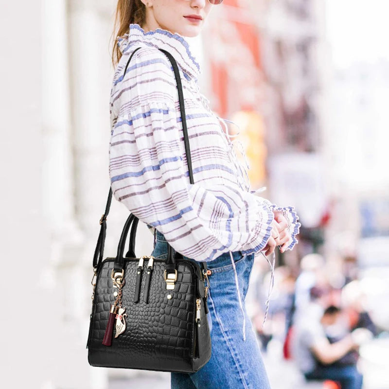 Yogodlns Luxury Crocodile Pattern Handbag Women Winter New PU Leather Tassel Shoulder Bag Brands Design Handle Bag Lady Purse - She Vibess By C2P