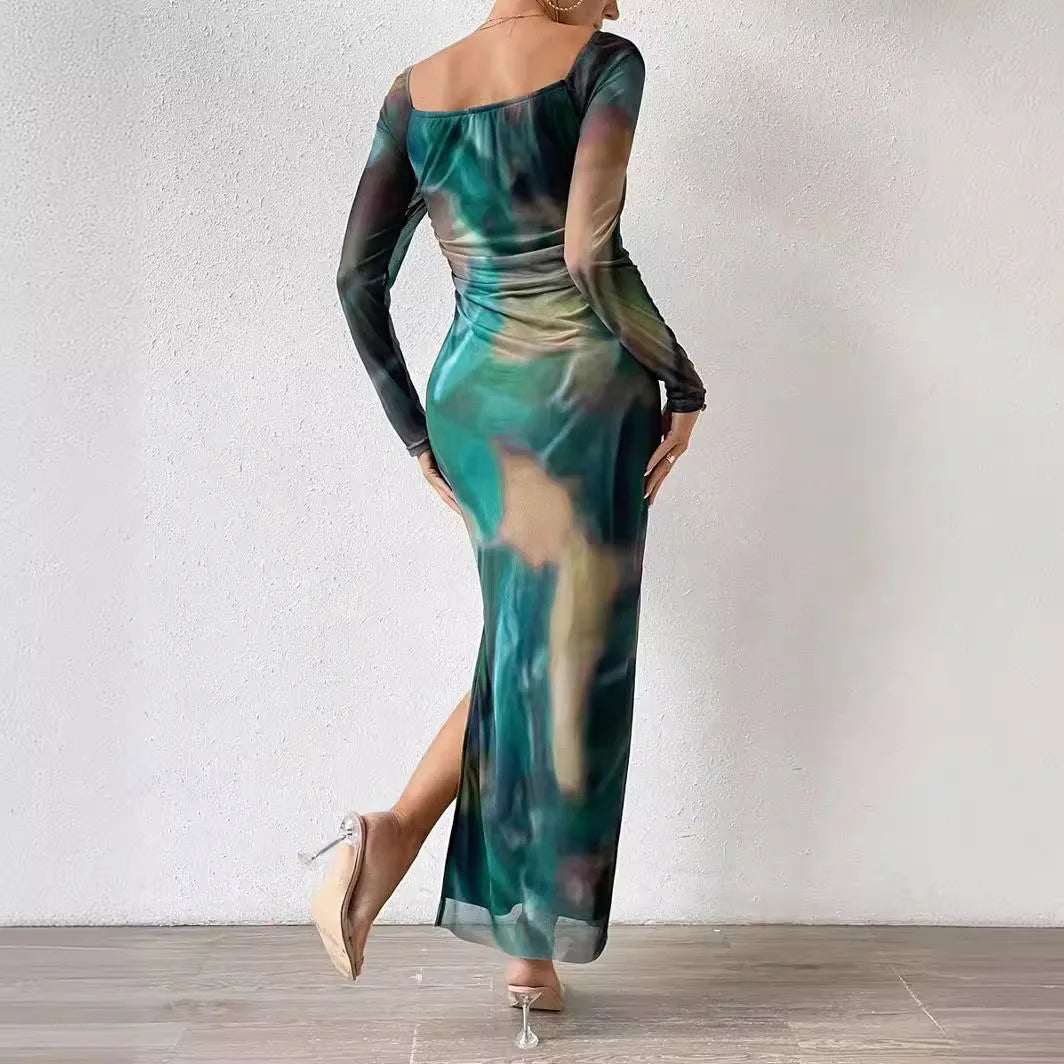 Women's Sexy One-Piece Party Dress Off-Shoulder Long Mesh Tie-Dye Printed Natural Waistline Draped Tight Cut Split Y2K