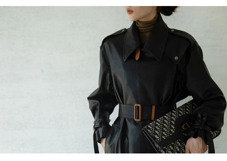 Lautaro Spring Autumn Oversized Cool Black Long Leather Trench Coat for Women Belt Long Sleeve Loose European Fashion 2021 2022 - She Vibess By C2P