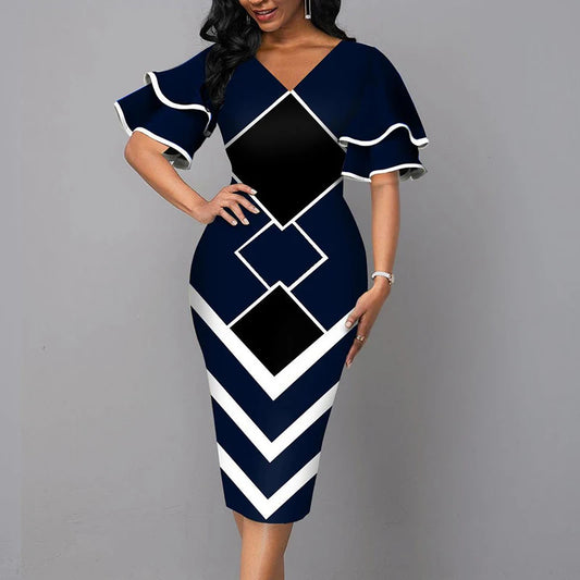 Elegant Women Dress 2021 Summer Fashion V Neck Short Sleeve Sexy Slim Dress Vintage Patchwork Casual Lady Party Dresses Vestido - She Vibess By C2P