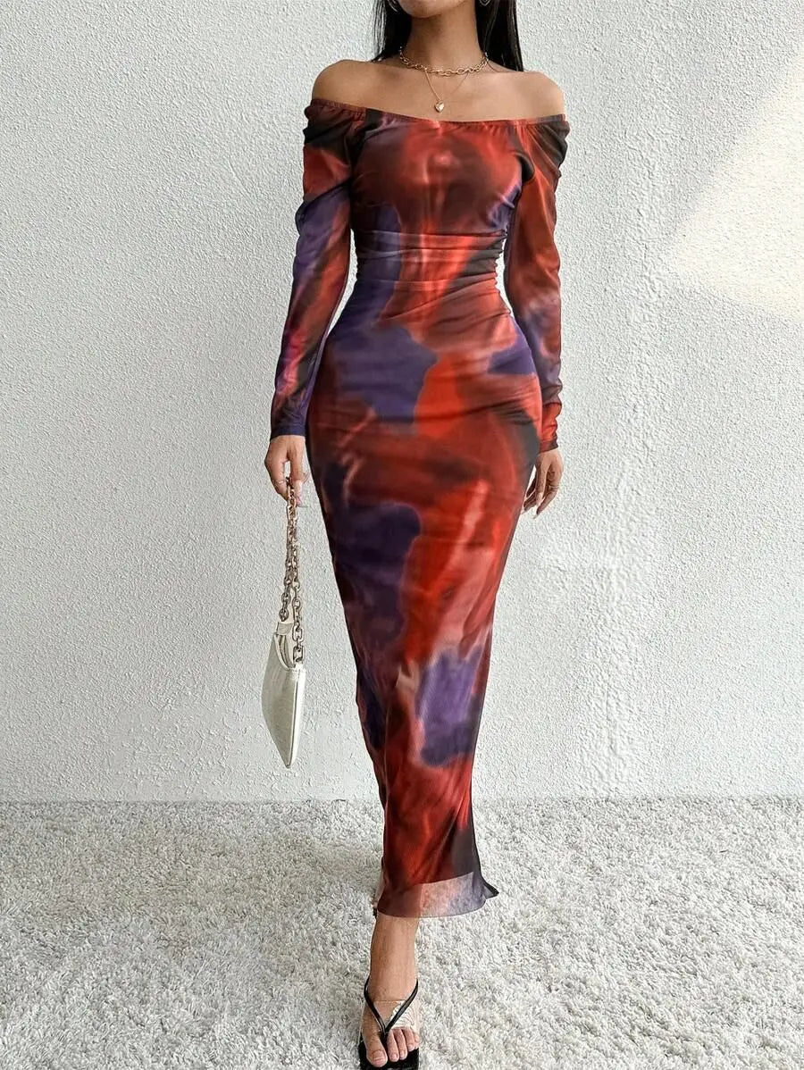 Women's Sexy One-Piece Party Dress Off-Shoulder Long Mesh Tie-Dye Printed Natural Waistline Draped Tight Cut Split Y2K