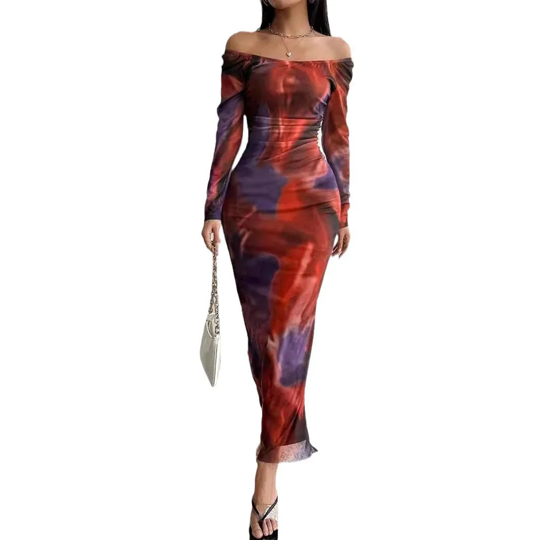 Women's Sexy One-Piece Party Dress Off-Shoulder Long Mesh Tie-Dye Printed Natural Waistline Draped Tight Cut Split Y2K