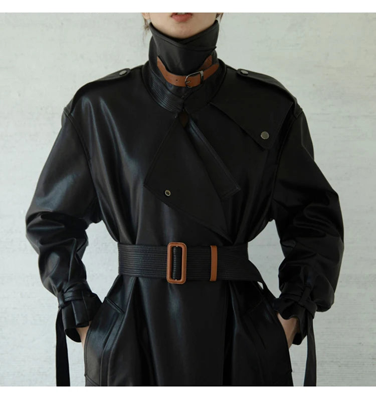 Lautaro Spring Autumn Oversized Cool Black Long Leather Trench Coat for Women Belt Long Sleeve Loose European Fashion 2021 2022 - She Vibess By C2P