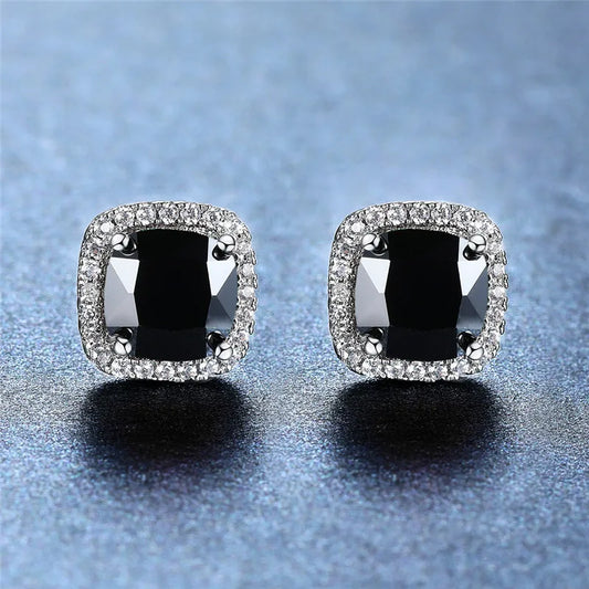 Cute Female's Jewelry Crystal Black Stone Earrings Charm Silver Color Stud Earrings Luxury Square Wedding Earrings For Women - She Vibess By C2P