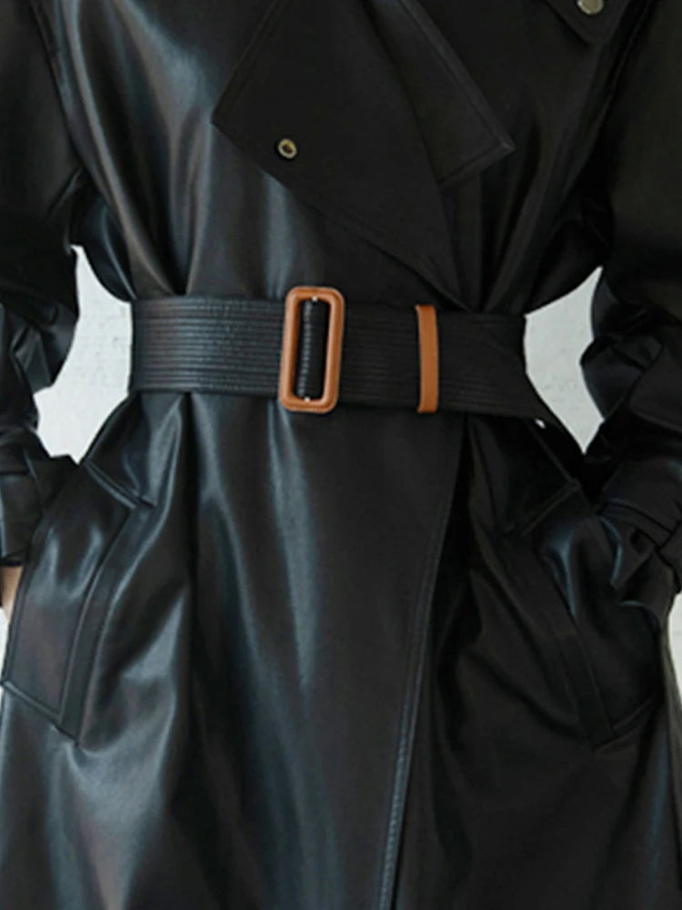 Lautaro Spring Autumn Oversized Cool Black Long Leather Trench Coat for Women Belt Long Sleeve Loose European Fashion 2021 2022 - She Vibess By C2P
