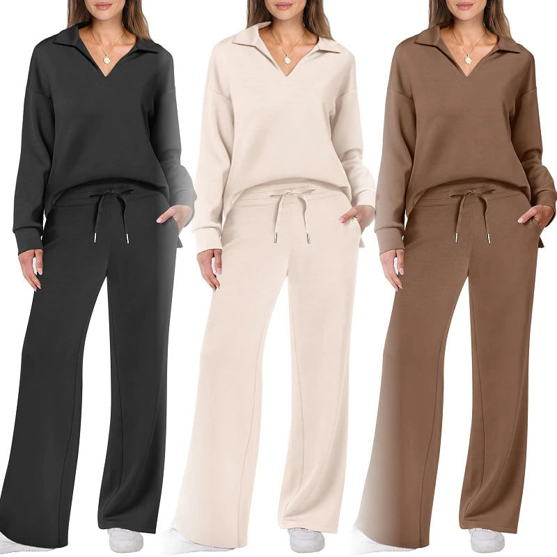 Pakaian Kasual Musim Semi untuk Wanita: Celana Panjang Lengan Panjang dengan Tali Serut Warna Polos untuk Komuter, Setelan Celana Dua Potong untuk Wanita