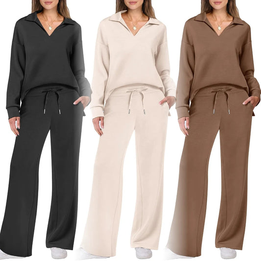 Ropa informal de moda de primavera para mujer, pantalones de dos piezas de color liso con cordón y manga larga para mujer