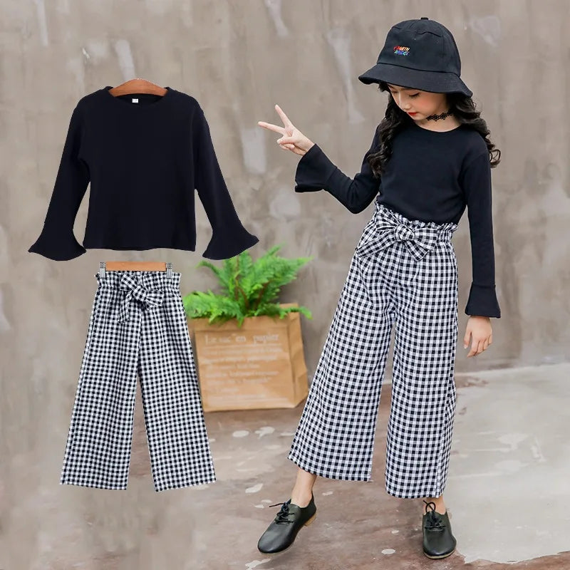 Kids Girls Clothing Sets 2026 Autumn Long Sleeve T-shirts + Plaid Wide Leg Pants 2PCS Children's Clothes Teen 6 8 10 12 14 Years