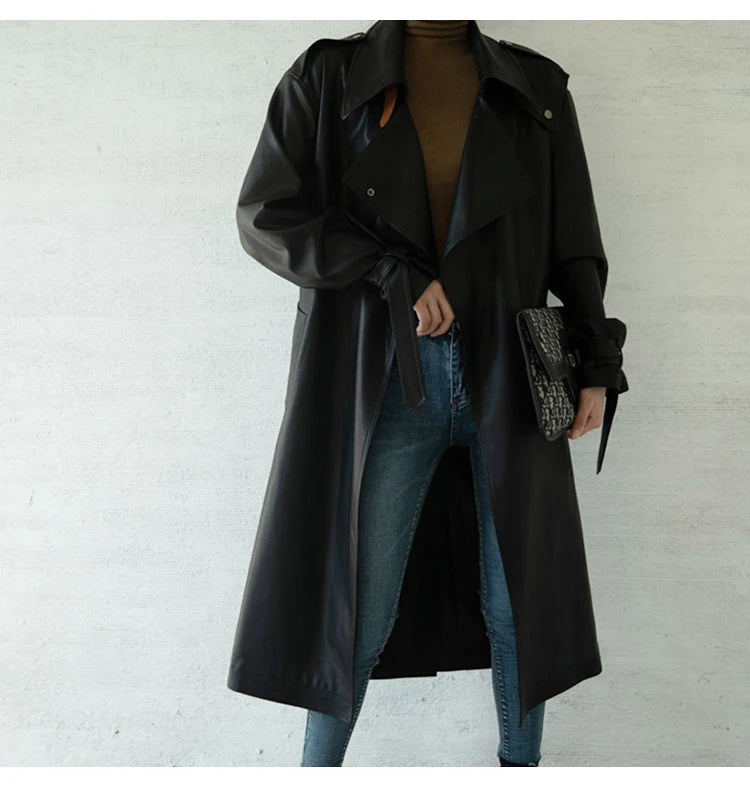 Lautaro Spring Autumn Oversized Cool Black Long Leather Trench Coat for Women Belt Long Sleeve Loose European Fashion 2021 2022 - She Vibess By C2P