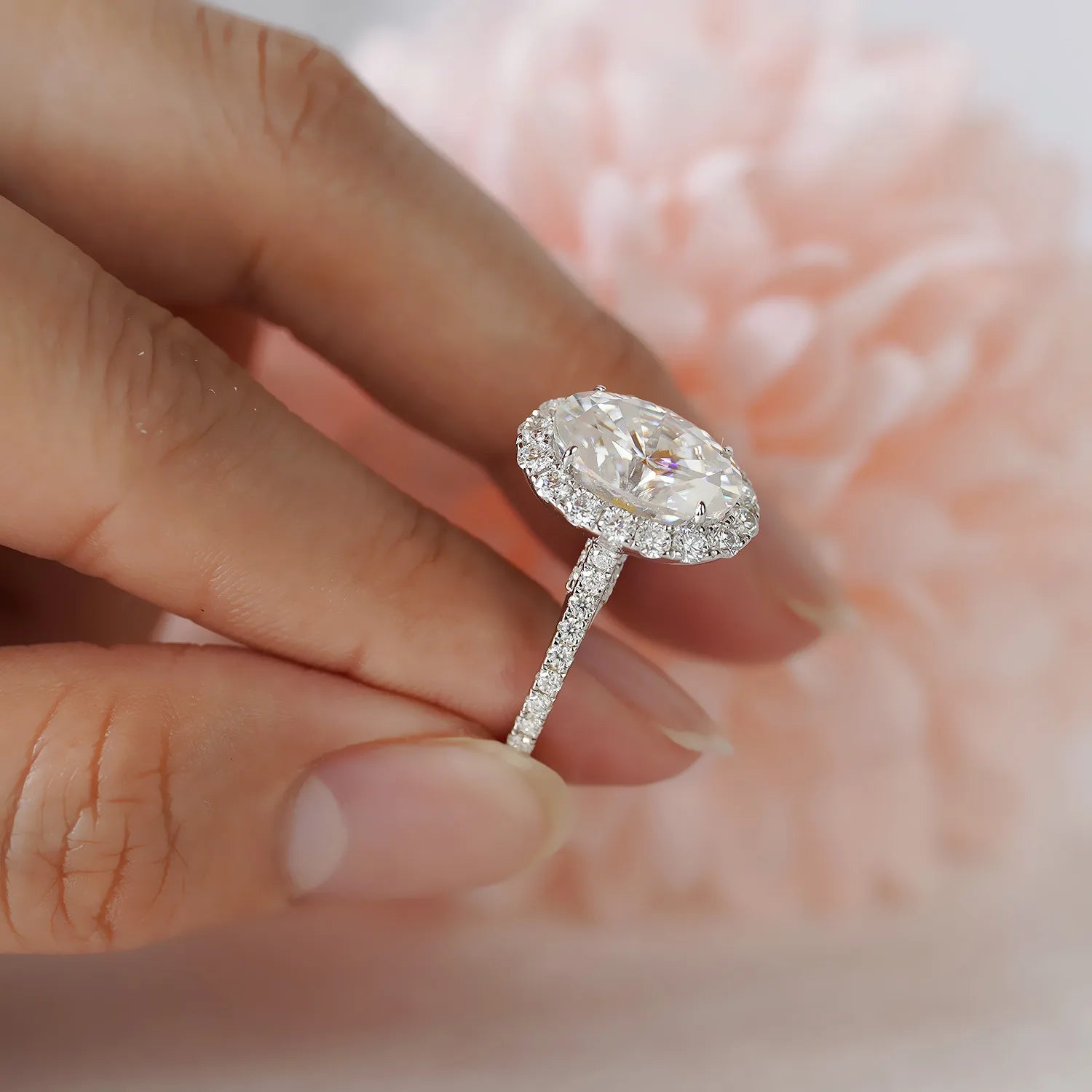 Moissanite Jewelry Ring 8X12mm 4.5 Carat Oval Cut 14K White Gold Halo Rings Engagement Wedding Gift for Woman - She Vibess By C2P