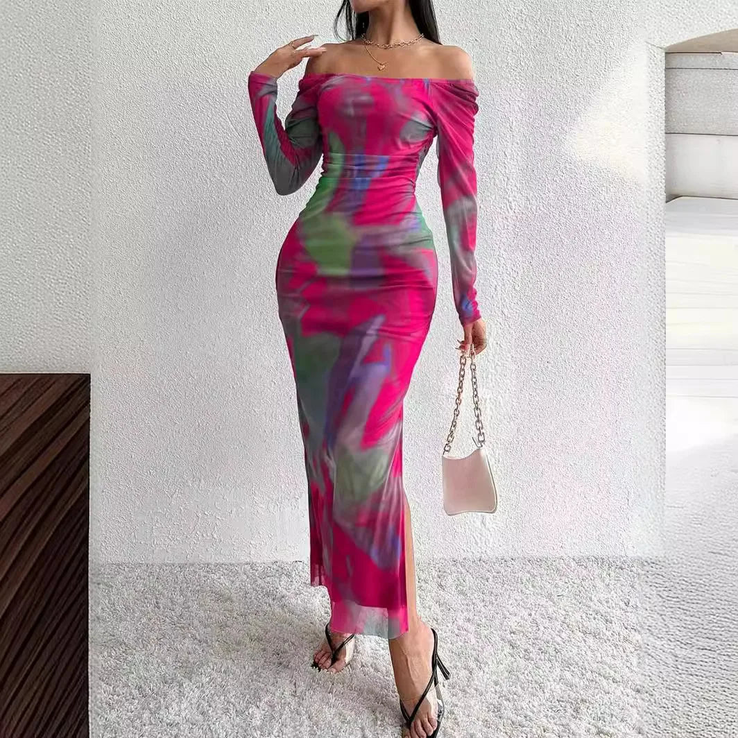 Women's Sexy One-Piece Party Dress Off-Shoulder Long Mesh Tie-Dye Printed Natural Waistline Draped Tight Cut Split Y2K