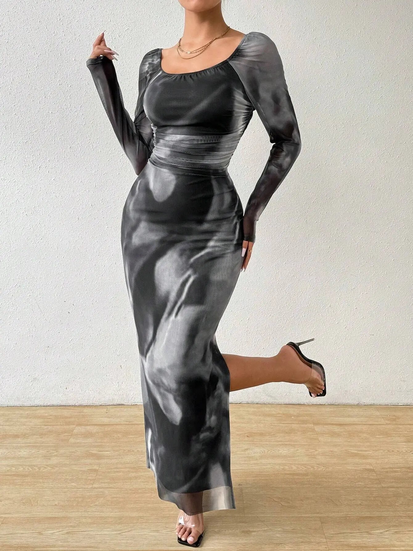 Women's Sexy One-Piece Party Dress Off-Shoulder Long Mesh Tie-Dye Printed Natural Waistline Draped Tight Cut Split Y2K
