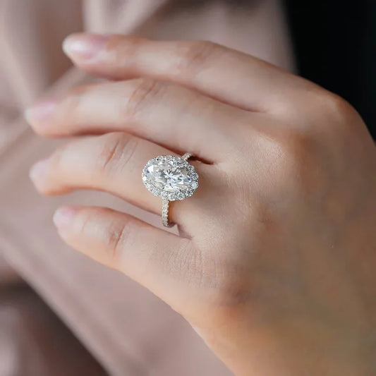 Moissanite Jewelry Ring 8X12mm 4.5 Carat Oval Cut 14K White Gold Halo Rings Engagement Wedding Gift for Woman - She Vibess By C2P