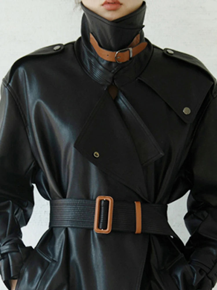 Lautaro Spring Autumn Oversized Cool Black Long Leather Trench Coat for Women Belt Long Sleeve Loose European Fashion 2021 2022 - She Vibess By C2P