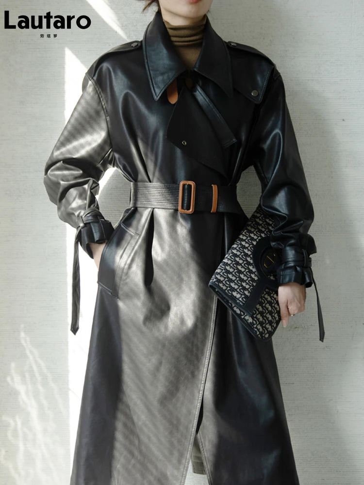 Lautaro Spring Autumn Oversized Cool Black Long Leather Trench Coat for Women Belt Long Sleeve Loose European Fashion 2021 2022 - She Vibess By C2P