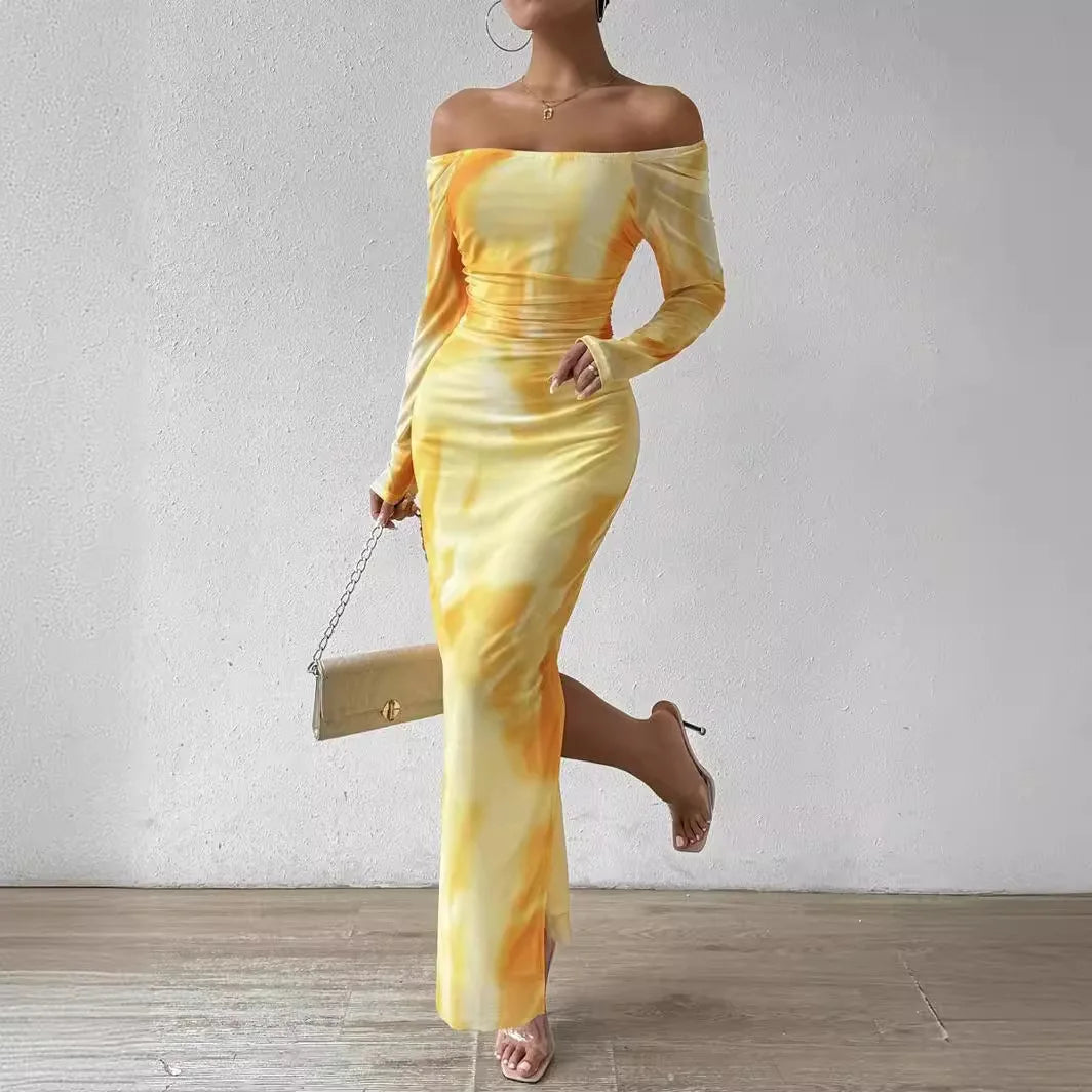 Women's Sexy One-Piece Party Dress Off-Shoulder Long Mesh Tie-Dye Printed Natural Waistline Draped Tight Cut Split Y2K