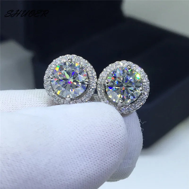 Classic 9K White Gold Total 4 ct Round Brilliant Cut Pass Diamond Tester D Color Moissanite Wedding Stud Earrings Women Jewelry - She Vibess By C2P
