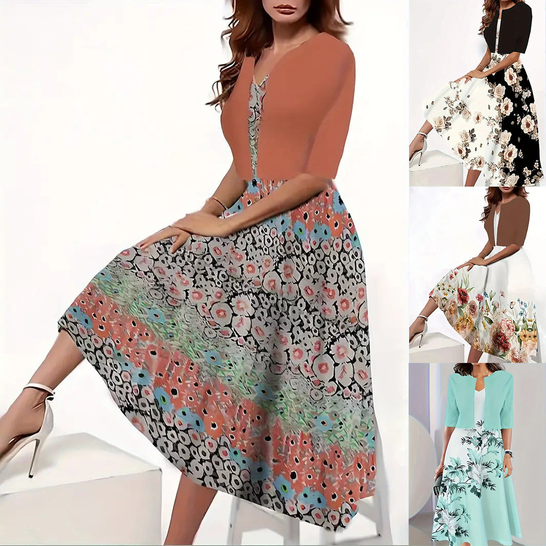 2024 Europe and the United States autumn new women's long dress two-piece set of floral print round neck dress coat women - She Vibess By C2P