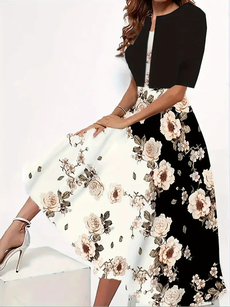 2024 Europe and the United States autumn new women's long dress two-piece set of floral print round neck dress coat women - She Vibess By C2P