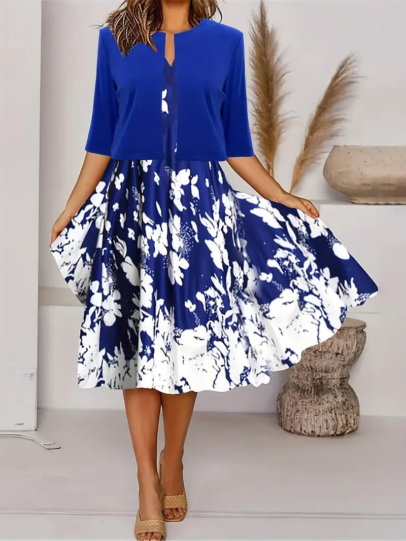 2024 Europe and the United States autumn new women's long dress two-piece set of floral print round neck dress coat women - She Vibess By C2P