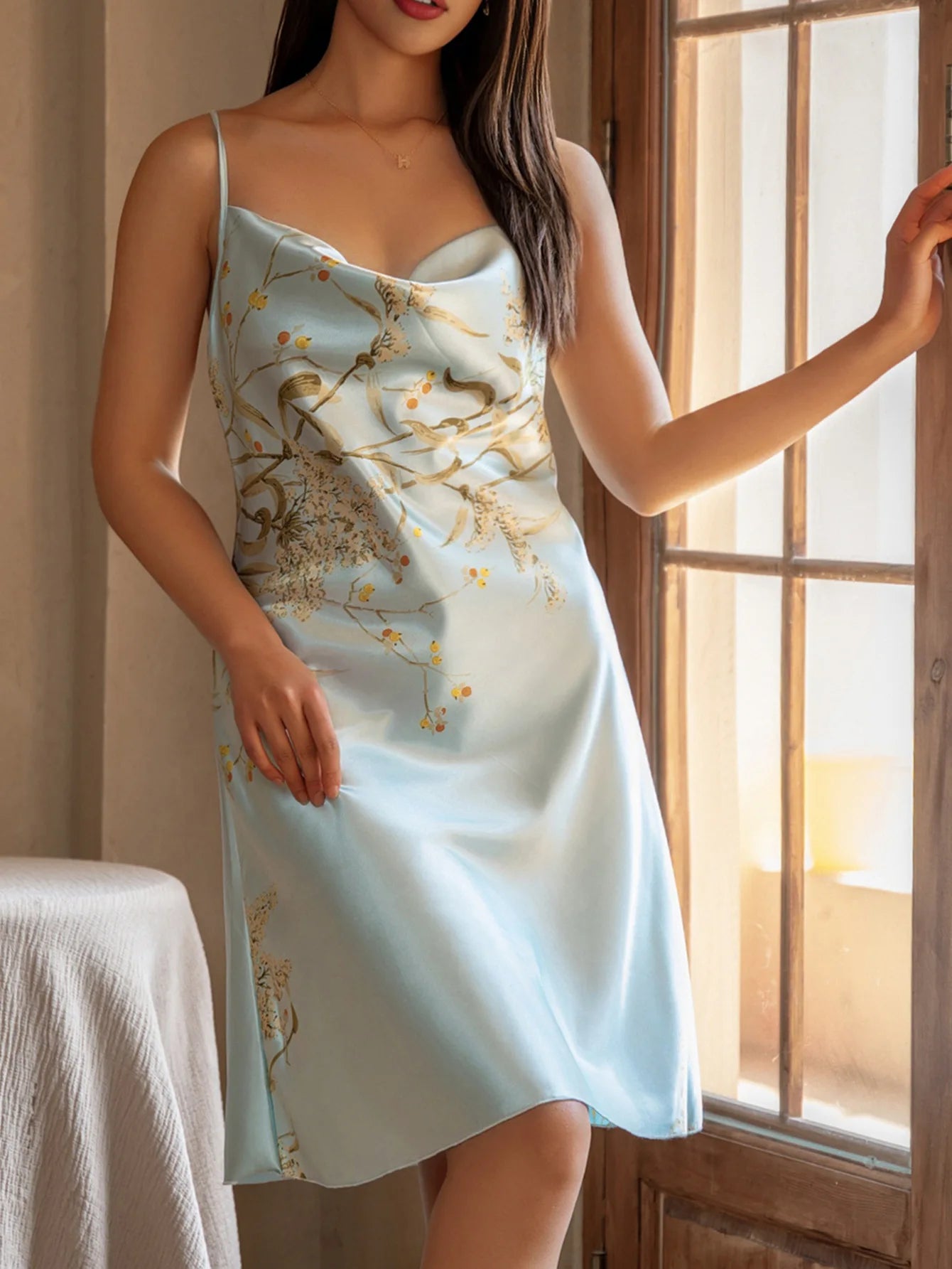Print Flower Nightgown Female Chemise Sleepwear Home Dress Sexy Spaghetti Strap Nightdress Intimate Lingerie Silk Satin Homewear - She Vibess By C2P