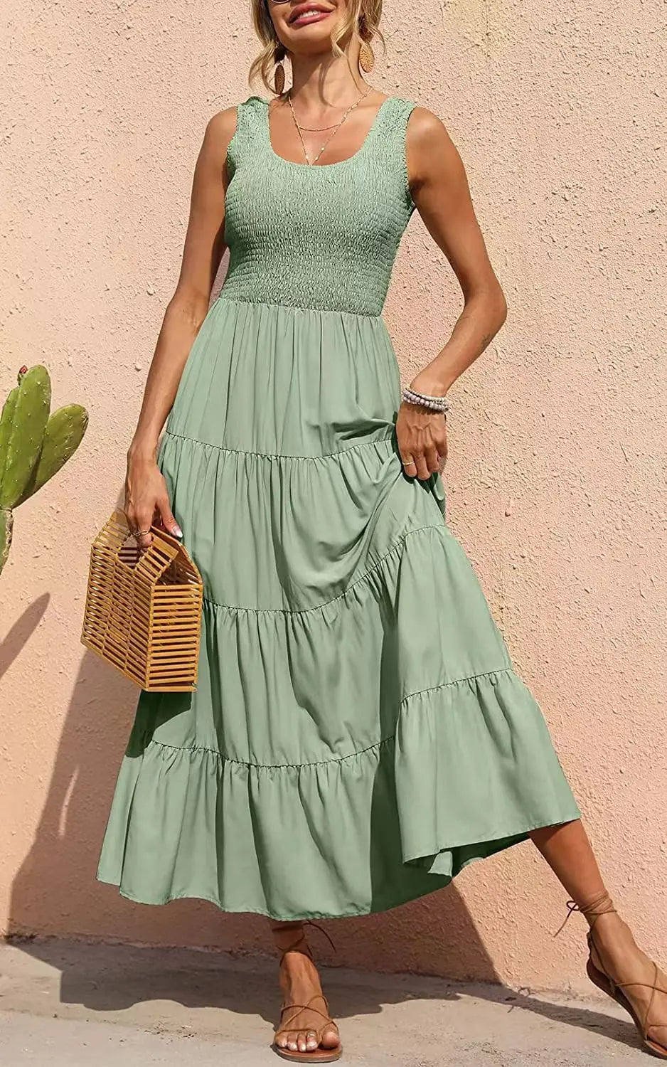 Dresses For Women 2024 Summer Sexy Elegant Sleeveless Floral Solid Color Long Dress Fashion Elastic Waist Beach Party Big Swing - She Vibess By C2P