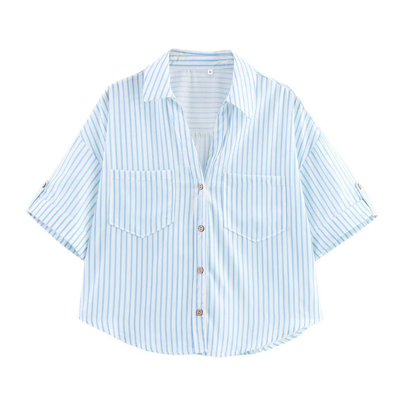 CM.YAYA 2025 Fall Autumn Women Half Sleeve Single Breasted Blouse and Shirt V-neck Pockets Street Casual Loose OL Tops Shirts