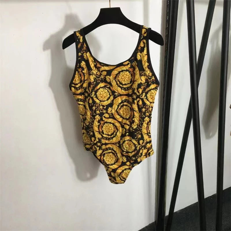 Fashion Design Bikini Sets Women's Gold Flower Pattern Swimsuits Designer Brand Women's Sexy Swimwear Backless Beach Swimsuits - She Vibess By C2P