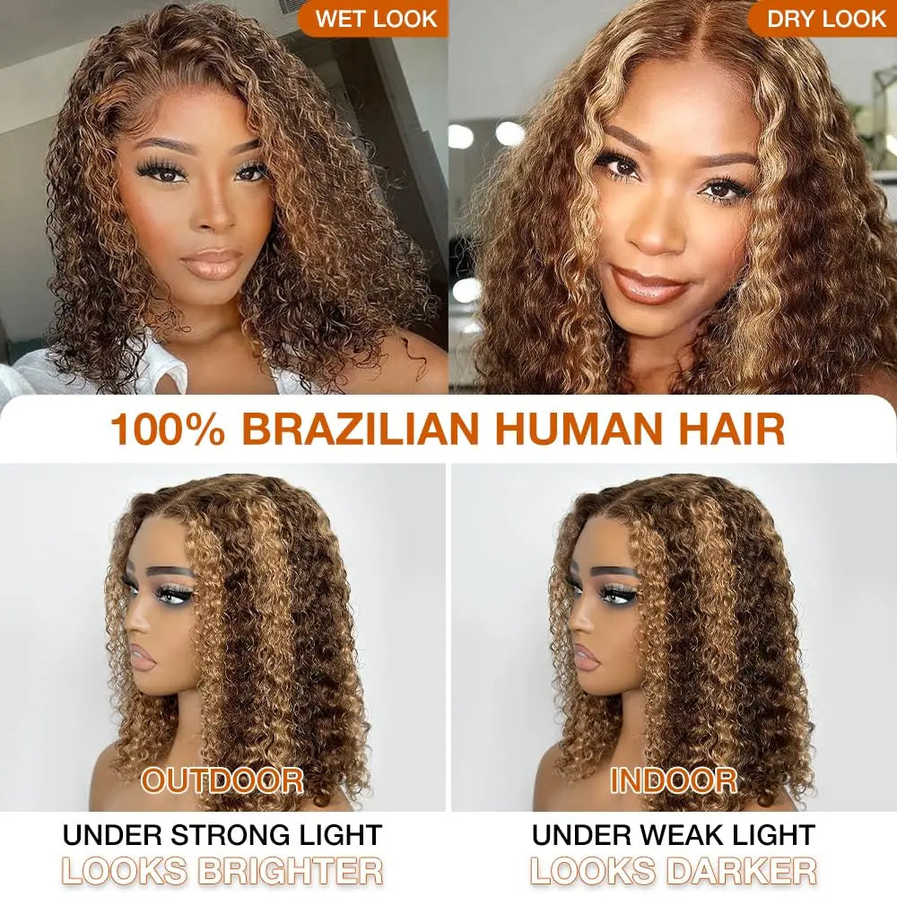 Deep Wave Honey Blonde Glueless Bob Wigs Human Hair Pre Plucked Pre Cut Highlight Wear and Go Curly Wigs Ombre HD Lace Front Wig - She Vibess By C2P