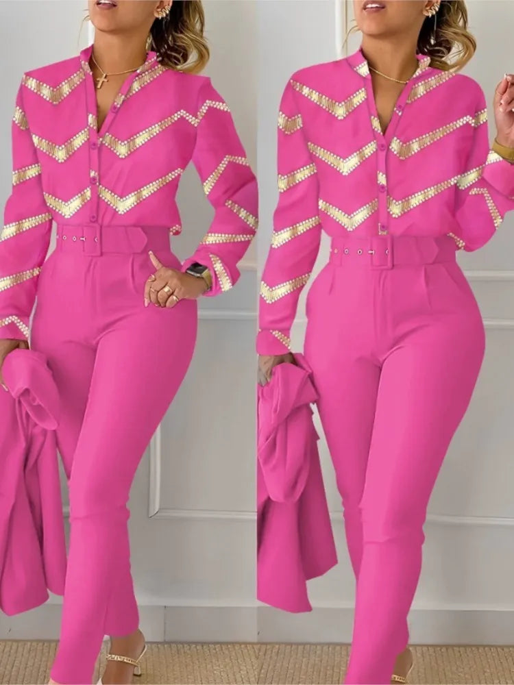 Autumn Winter Stand Neck Floral Print Long Sleeve Shirt Pants Two Piece Sets Elegant Women Casual Shirt Trousers Suits With Belt - She Vibess By C2P