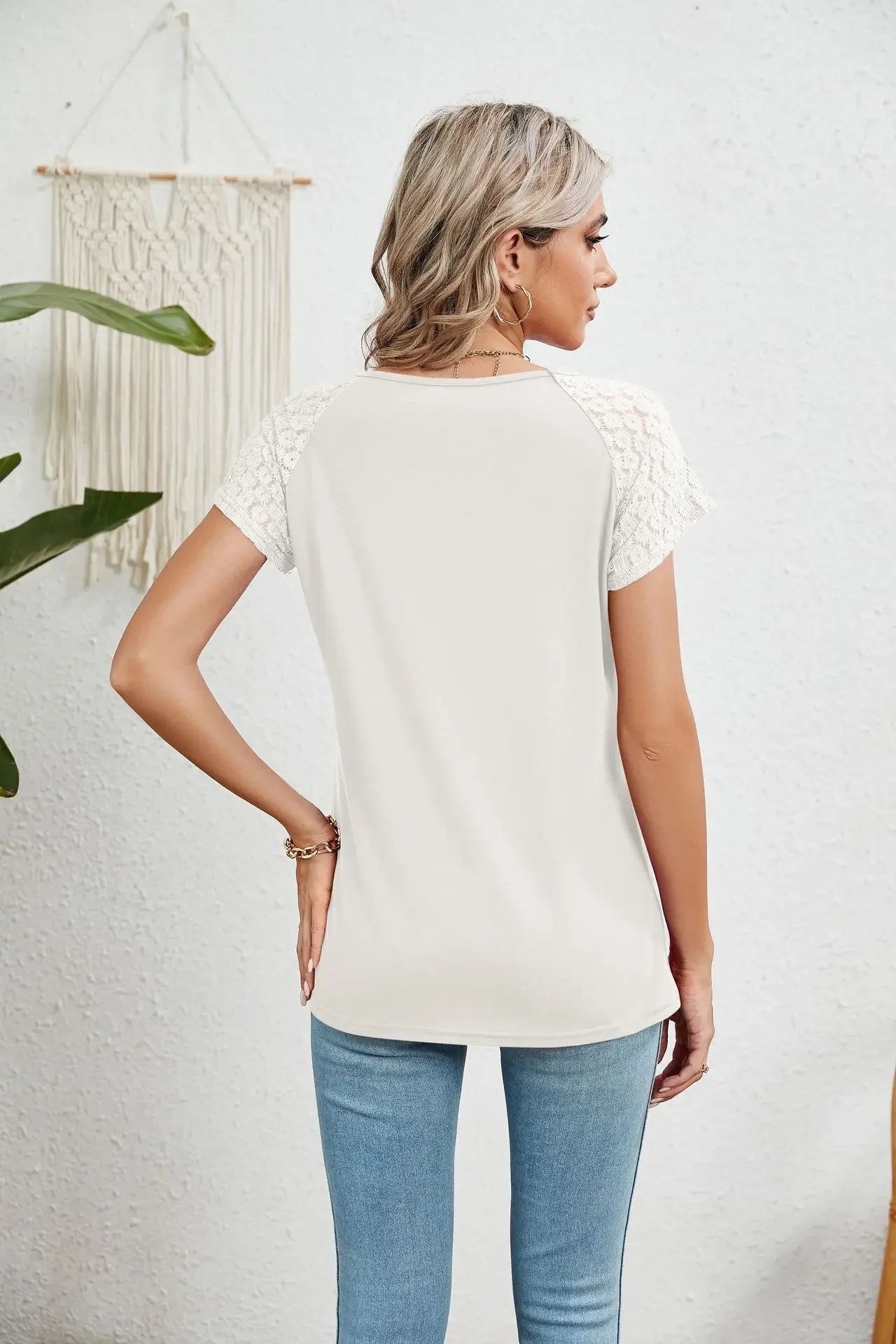 2025 New Women Summer Top Solid Round Neck Lace Patchwork Short Sleeved T-shirt Top Casual Tops Unique Tees Women's Clothing - She Vibess By C2P