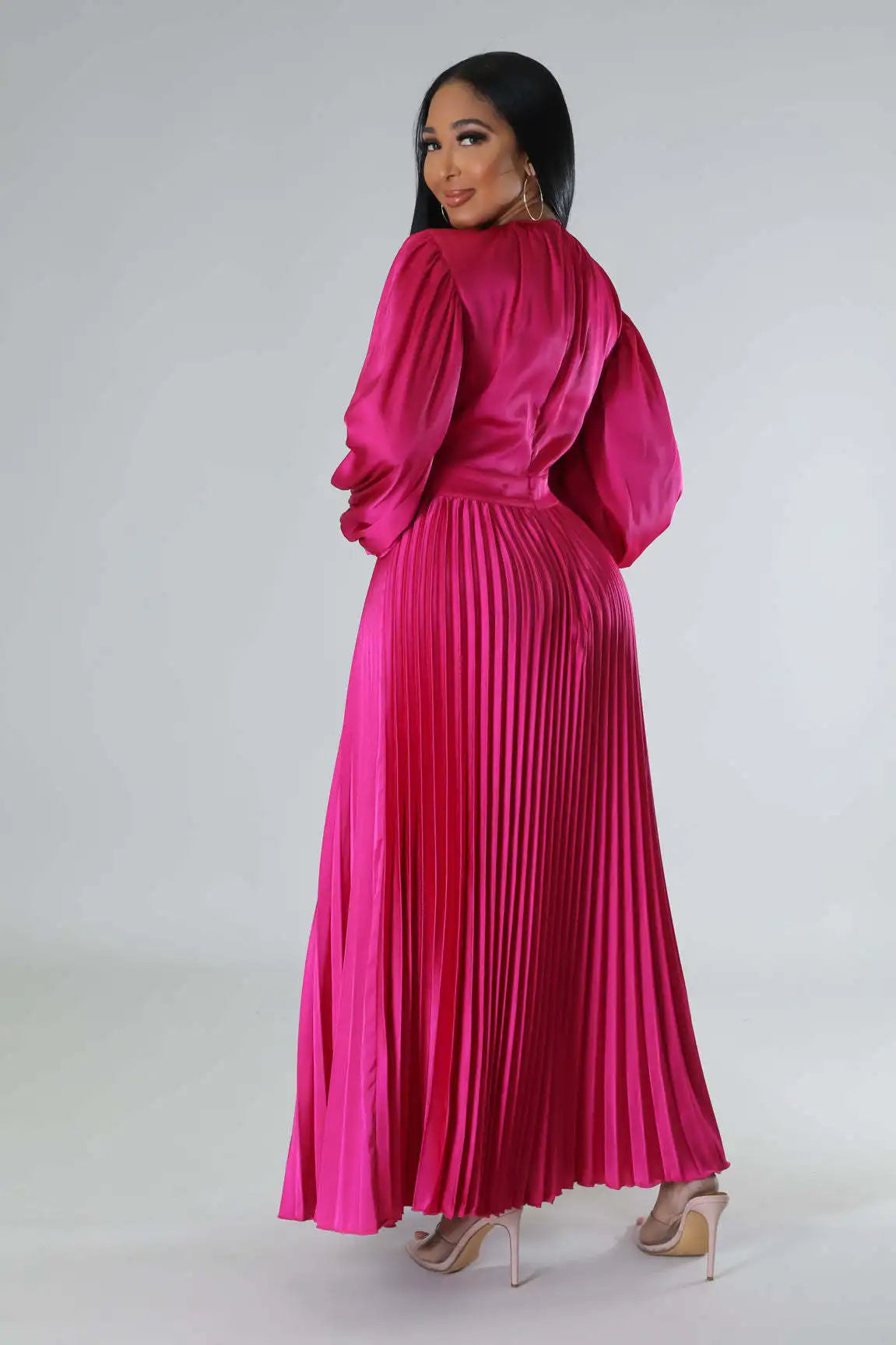 2024 Spring Pleated Loose Fit Maxi Dresses Women Solid Ruched Lantern Sleeve Party Evening Wedding Long Dress Women - She Vibess By C2P