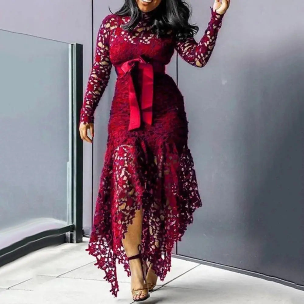 Bowtie Women Lace Dress 2024 Autumn Long Sleeve Stain Bow Belted Irregular Hem Hollow Out Sexy Bodycon Dress Evening Party Dress - She Vibess By C2P