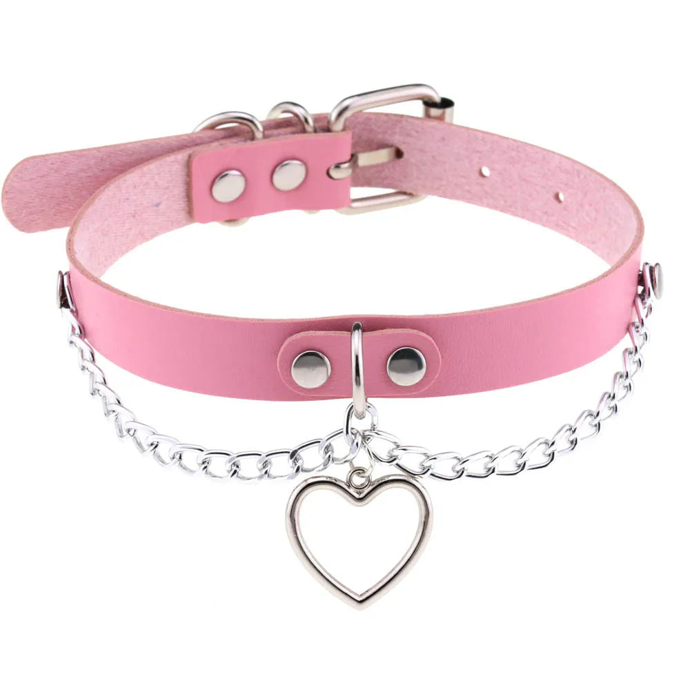 DIEZI Harajuku Pink PU Leather Star Heart Flower Choker Necklace Torques For Women Men Gothic Pink PU Leather -I’m Over 21 - She Vibess By C2P