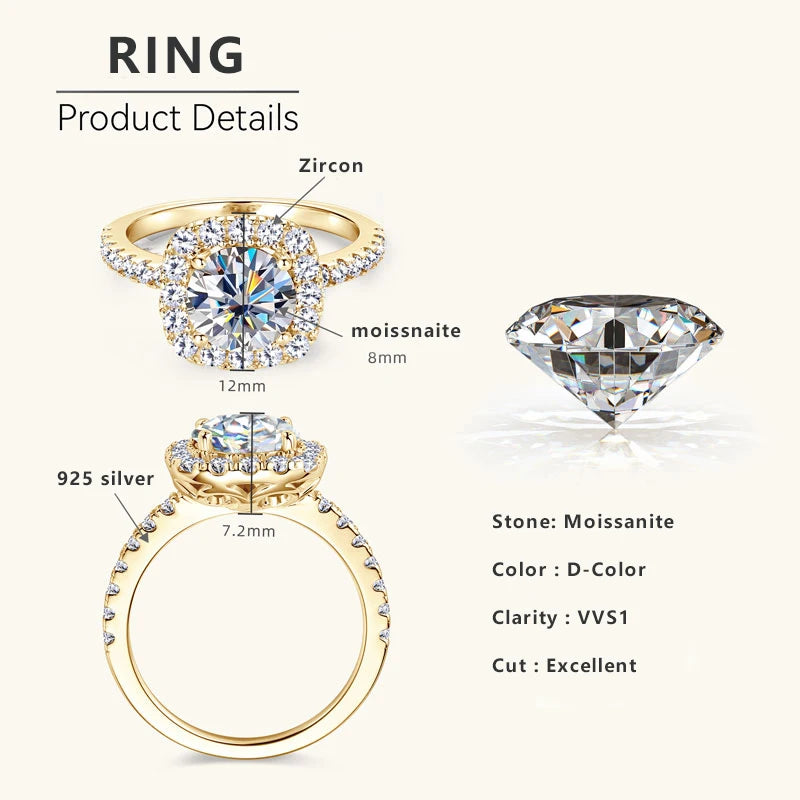 Lnngy 8mm 2ct Moissanite Halo Ring Certified 925 Sterling Silver Engagement Rings For Women Girls Wedding Party Jewelry Gift - She Vibess By C2P