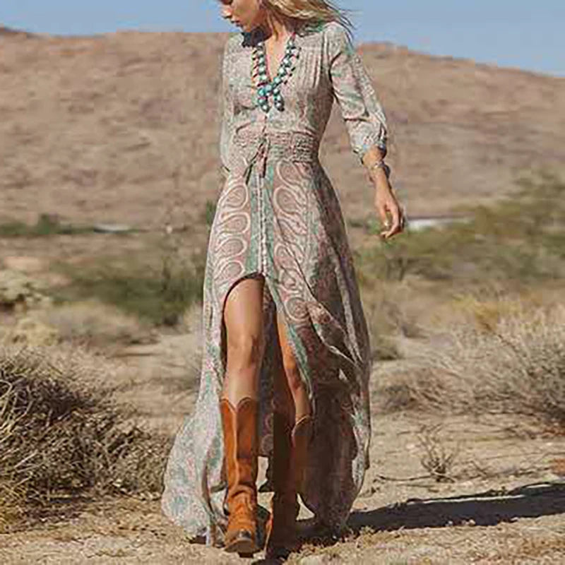 Vintage Pattern Printed Bohemian Long Dress Elegant V Neck Split Loose Dress 2025 New Casual Elastic Waist Lace Up Button Dress - She Vibess By C2P