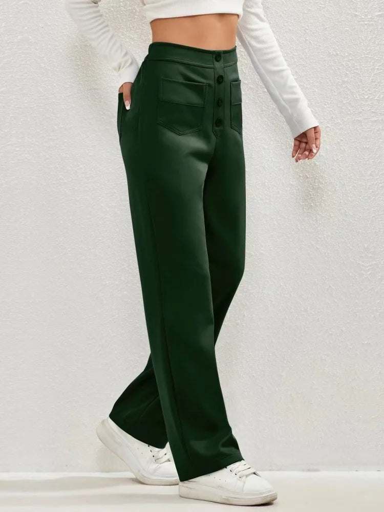 Fashion New Women's Trousers Casual Straight High Waist Button Elastic Daily Office Ladies Multi-Pocket Basic Sweatpants