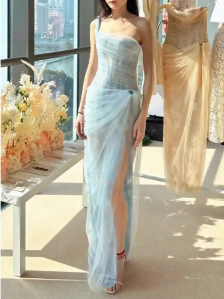 DEAT Women's Single Shoulder Spliced Lace Slit Long Dress 2025 Summer Solid Color Zipper Sleeveless Split Elegant Dresses 15C455 - She Vibess By C2P