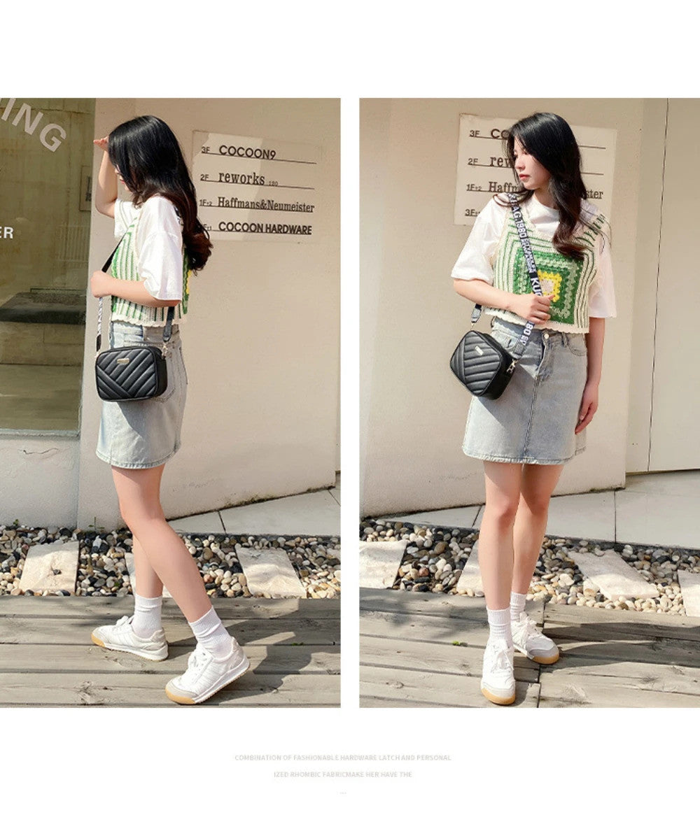 High quality women's PU rolling strip camera bag shoulder bag mobile phone bag casual crossbody bag