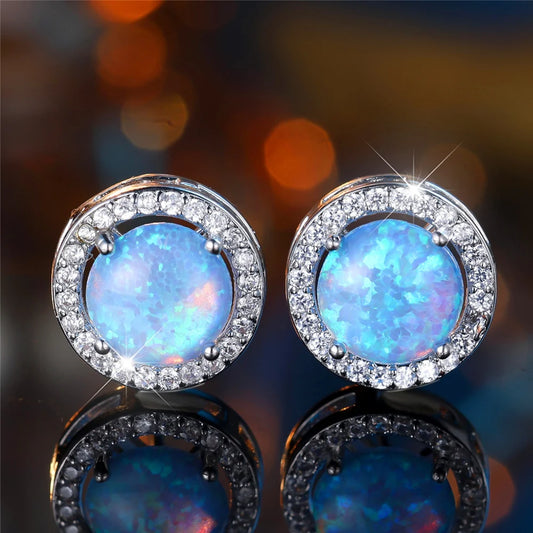 Cute Female Crystal White Blue Opal Round Stone Stud Earrings Silver Color Wedding Jewelry For Women - She Vibess By C2P