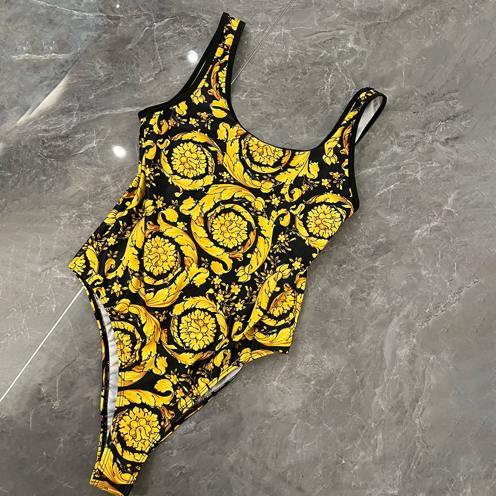 Fashion Design Bikini Sets Women's Gold Flower Pattern Swimsuits Designer Brand Women's Sexy Swimwear Backless Beach Swimsuits - She Vibess By C2P