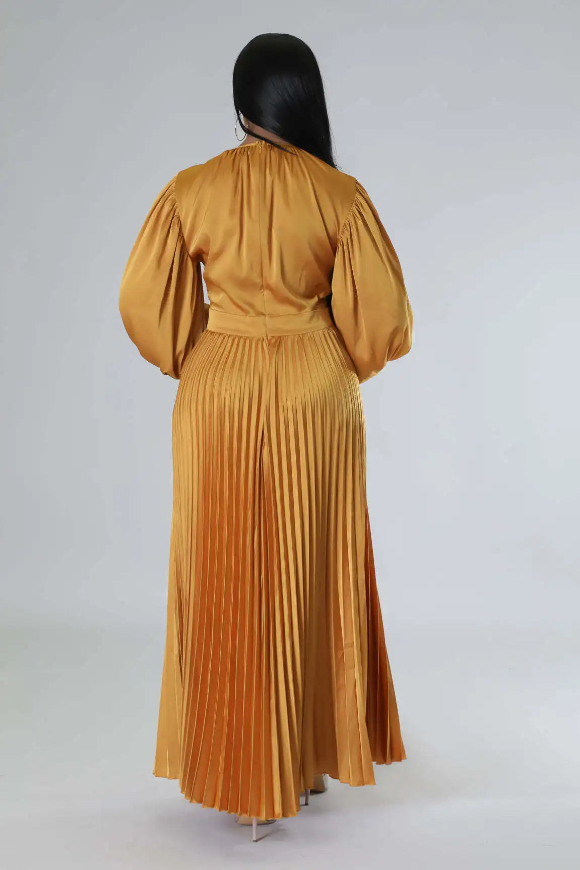 2024 Spring Pleated Loose Fit Maxi Dresses Women Solid Ruched Lantern Sleeve Party Evening Wedding Long Dress Women - She Vibess By C2P