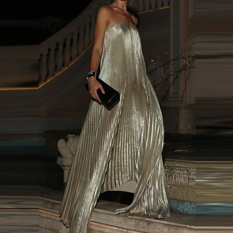 Elegant High Waisted Fold Long Dress Sexy  Backless Party Floor-length Dress Show Style Sleeveless Chest Wrapping Evening Dress