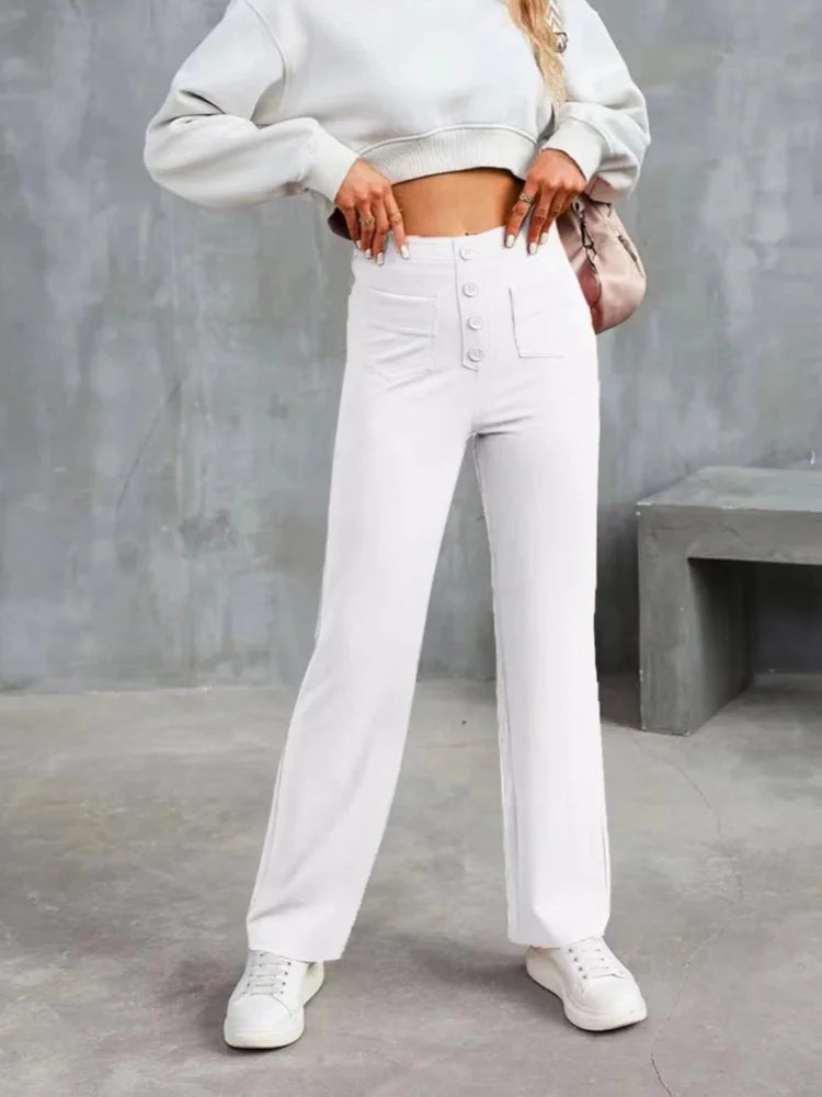 Fashion New Women's Trousers Casual Straight High Waist Button Elastic Daily Office Ladies Multi-Pocket Basic Sweatpants