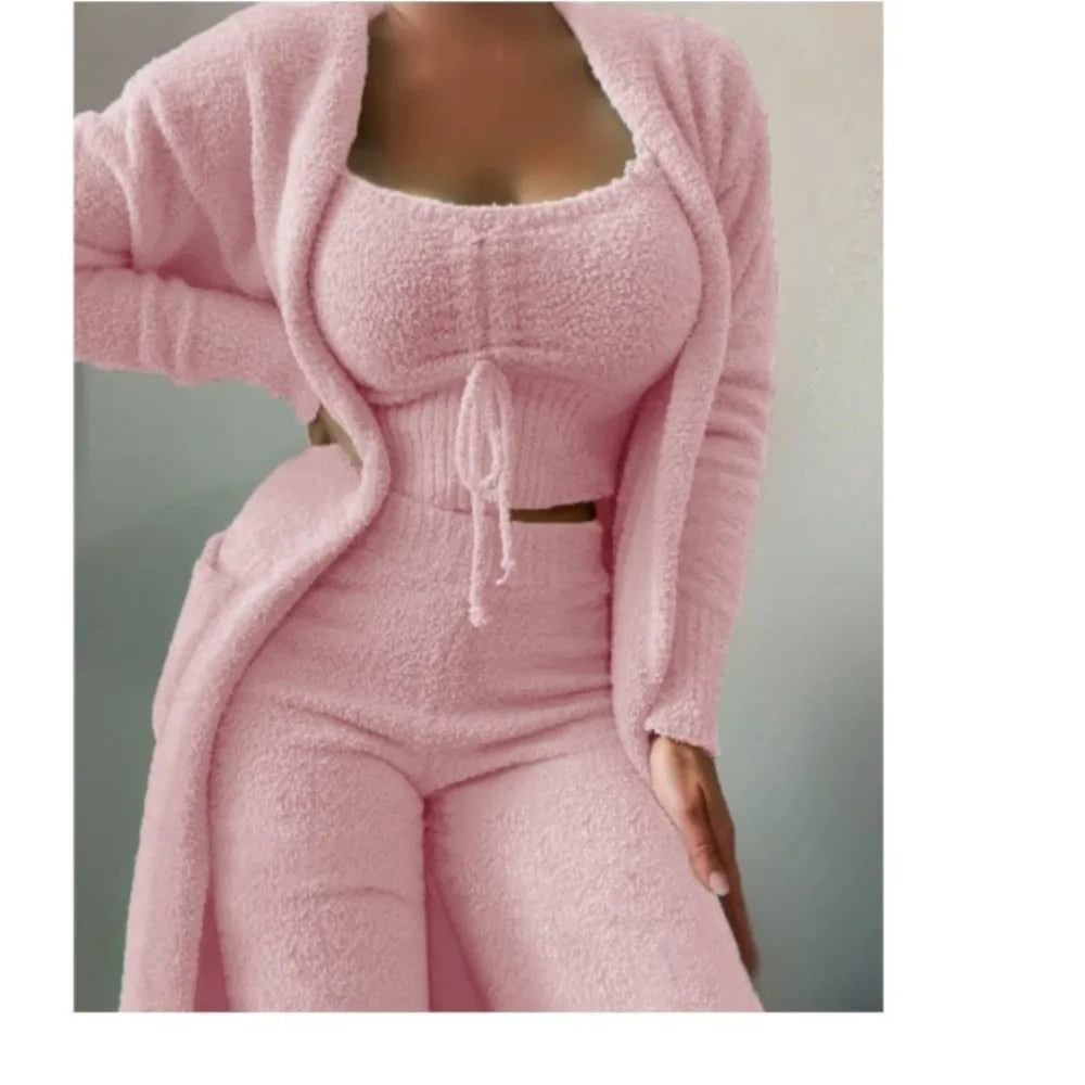 Fashion Plush Lace Up Cardigan 3 Piece Women's Trouser Set Autumn And Winter New Solid Color Asual Warm Home Wear Female Set2025