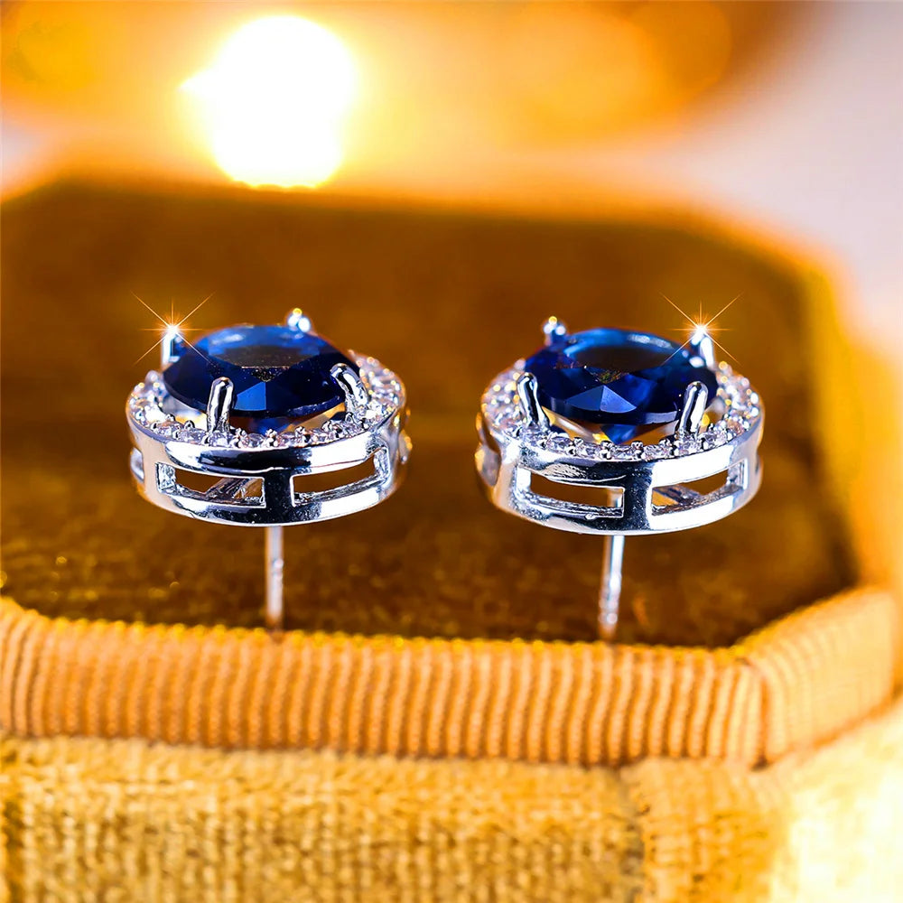 Luxury Female Crystal Purple Blue Green Round Stud Earrings Silver Color Wedding Jewelry For Women - She Vibess By C2P