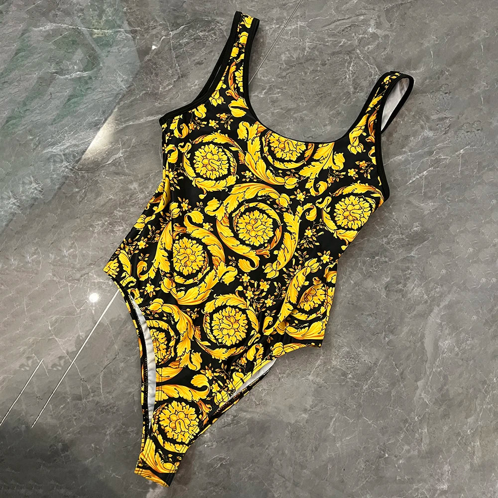 Fashion Design Bikini Sets Women's Gold Flower Pattern Swimsuits Designer Brand Women's Sexy Swimwear Backless Beach Swimsuits - She Vibess By C2P