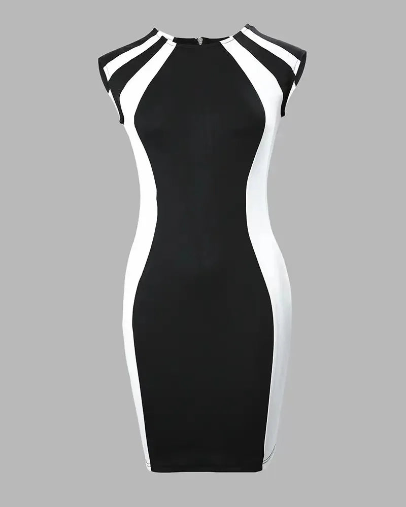 Women Wrap Hip Dress Striped Slim Fit Sleeveless Zipper Mini Dress Sheath Round Neck Casual Vestidos Office Lady Summer - She Vibess By C2P
